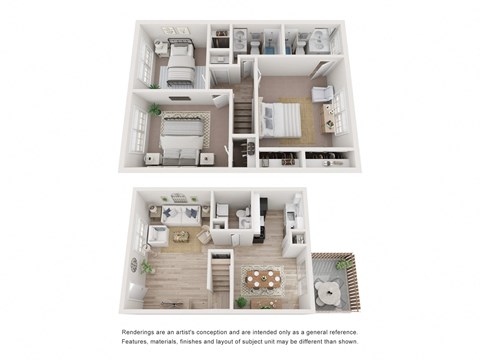 a stylized floor plan of a 2 bedroom apartment